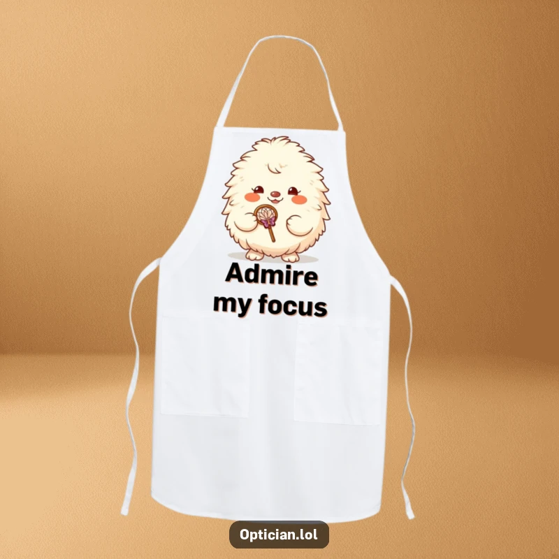 Funny apron showing a fluffy creature with a wide smile holding large glasses, ready to cook up some fun.