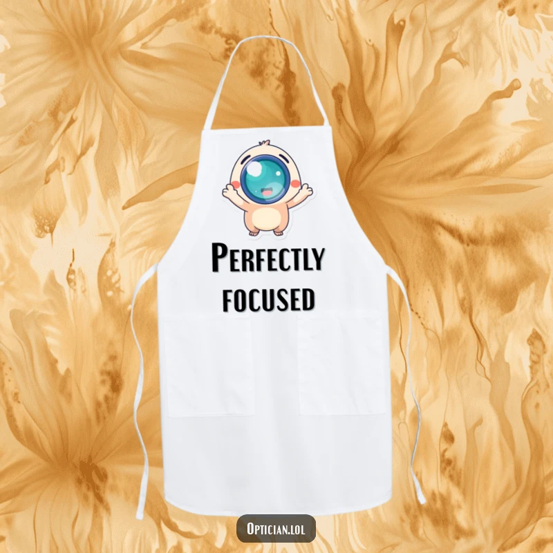 Funny apron featuring an energetic creature offering a bright, glowing lens, perfect for a cook with vision.