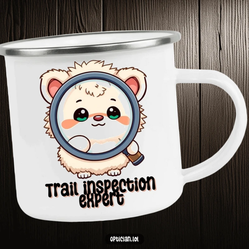 Funny camping mug with a small, fluffy creature happily looking through a large magnifying lens, designed for outdoor use with a humorous investigative theme.