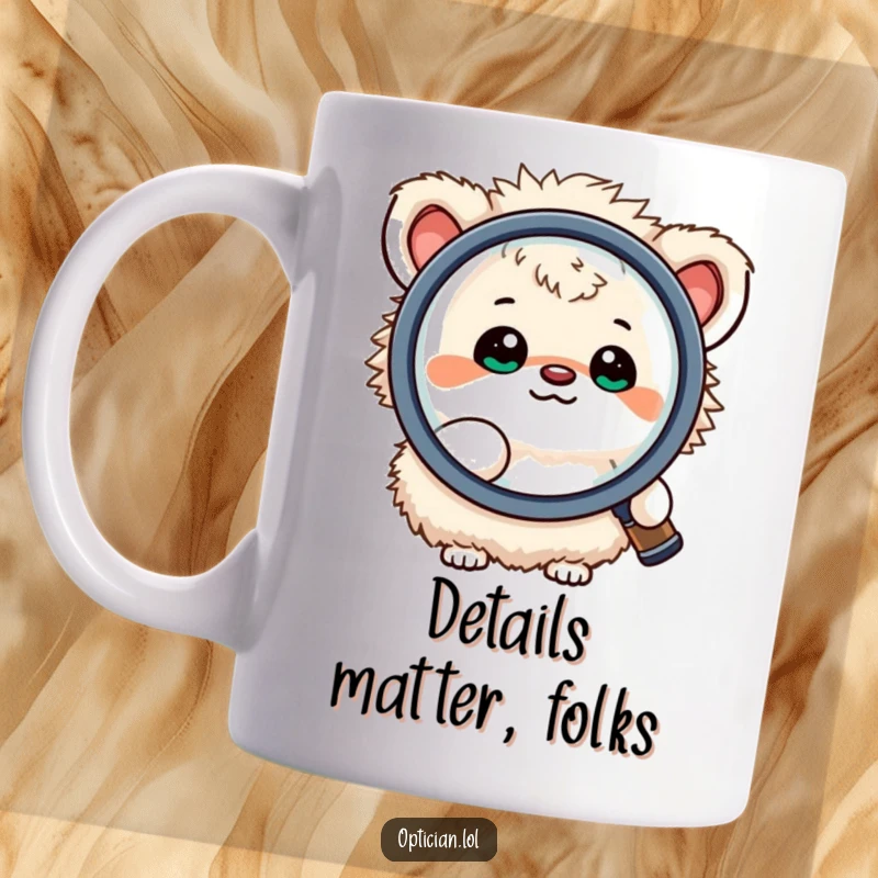 Funny mug showing a small, fluffy creature happily looking through a large magnifying lens with an expression of wonder and curiosity, ready to explore.