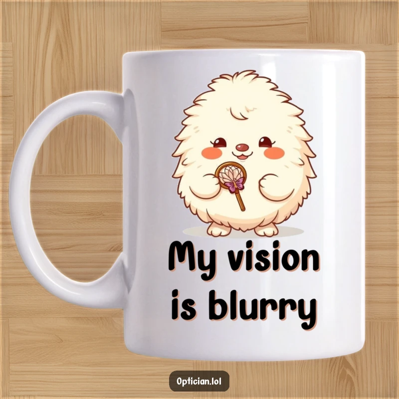 Funny mug featuring a fluffy creature with a cheerful grin, holding oversized reading glasses, ready for insightful moments.