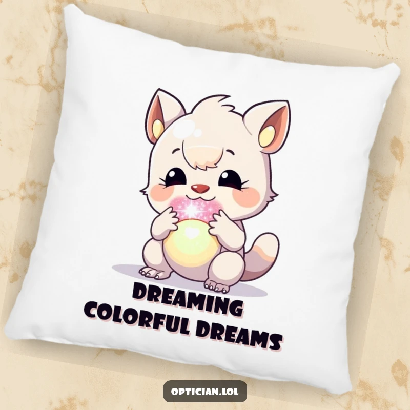 Funny pillow with an engrossed creature contemplating a brilliant, colorful orb, adding soft, whimsical humor.