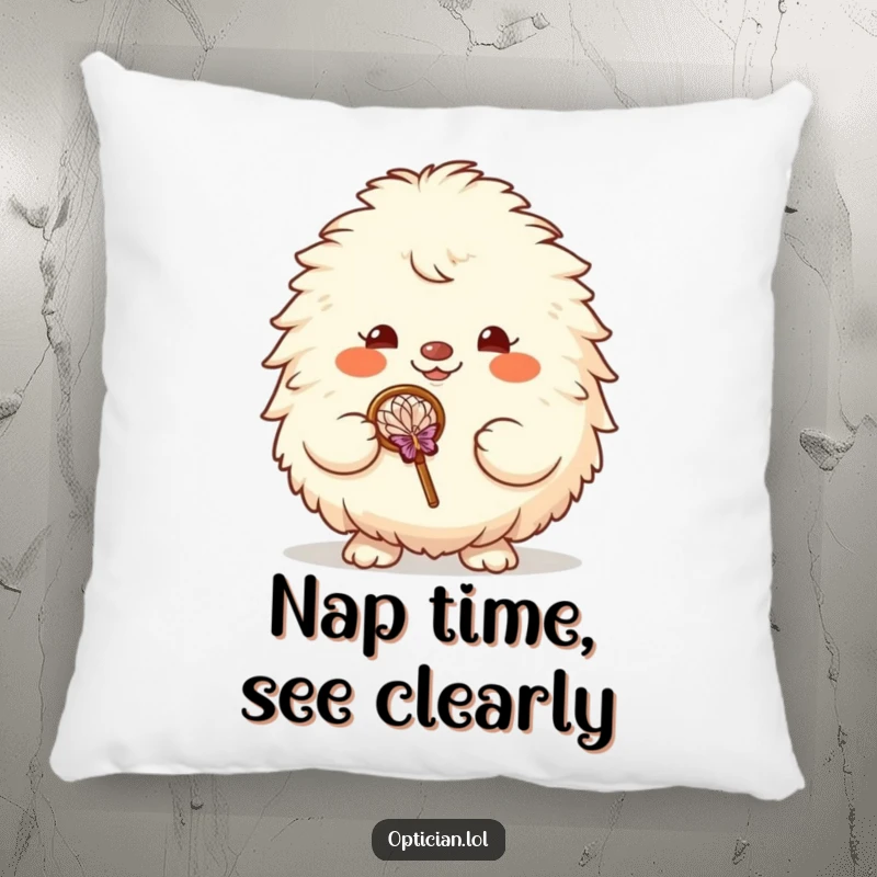 Funny pillow showcasing a fluffy creature's cheerful face and oversized glasses, ideal for adding a touch of soft humor.