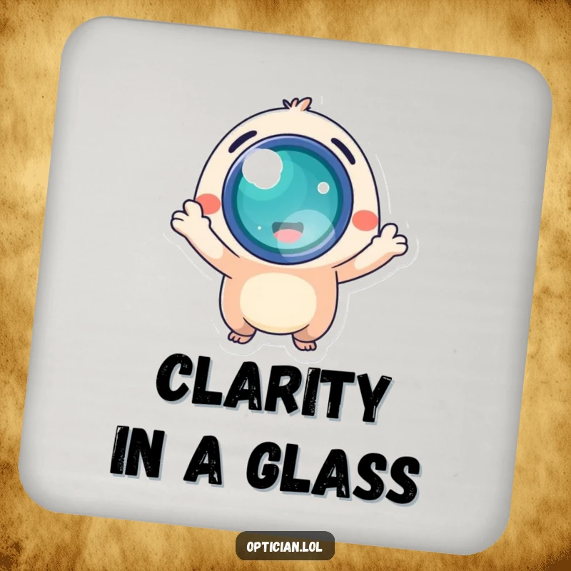 Funny drink coasters featuring an energetic creature offering a luminous lens, protecting furniture with bright cheer.