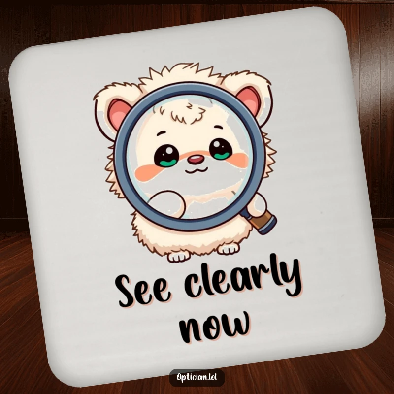 Funny drink coasters featuring a small, fluffy creature happily looking through a large magnifying lens, perfect for adding a humorous curiosity touch to any table.