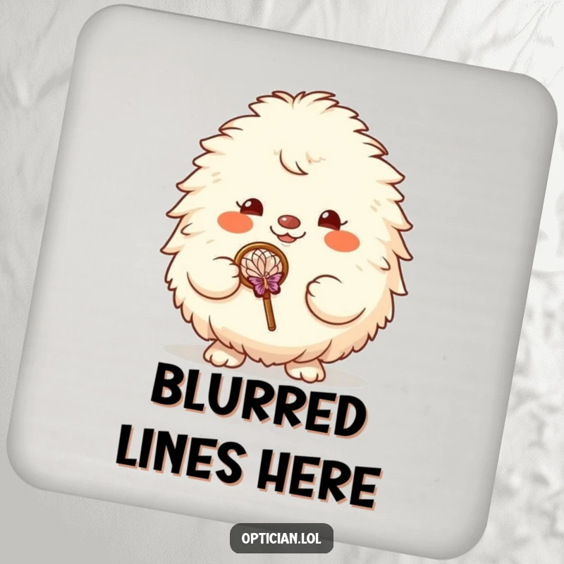 Funny drink coasters showcasing a fluffy creature's cheerful face and large spectacles, protecting furniture with style.