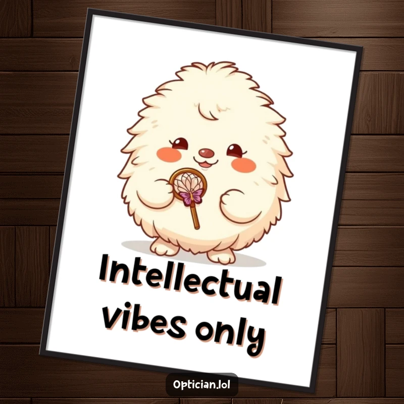 Funny poster featuring a fluffy creature with an infectious grin, holding large spectacles, perfect for adding humor to wall decor.