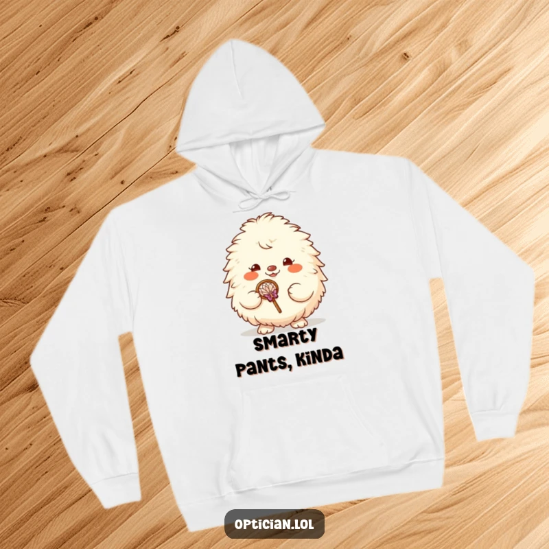 Funny hoodie with a happy fluffy creature holding big glasses, perfect for staying warm and looking amusingly smart.