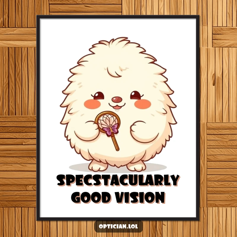 Funny Free Printable Wall Art: Fluffy creature grinning, holding oversized glasses, adding a humorous touch to decor.