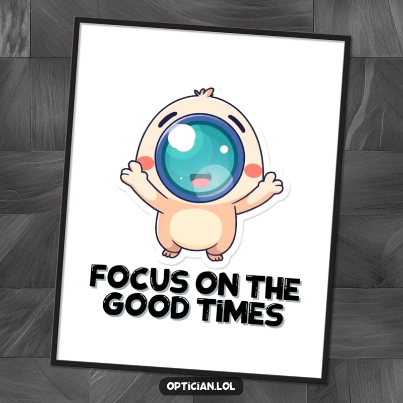 Free Printable Wall Art: Small, energetic creature joyfully holds up a bright, glowing lens, radiating positivity.