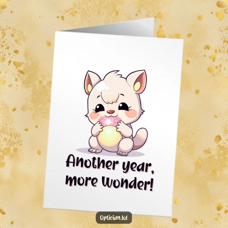 Free Printable Birthday Card: Creature intently examining a shimmering, colorful orb with fascination and wonder.