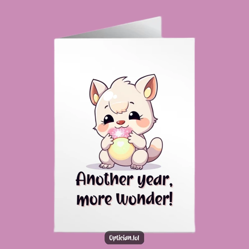 Free Printable Birthday Card: Creature Examining Orb, Magical Funny Downloadable Gift