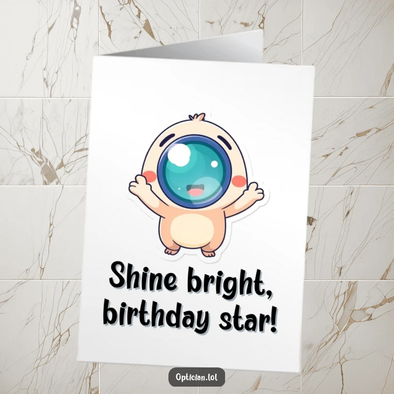 Free Printable Birthday Card: Small, energetic creature joyfully presenting a bright, glowing lens with excitement.
