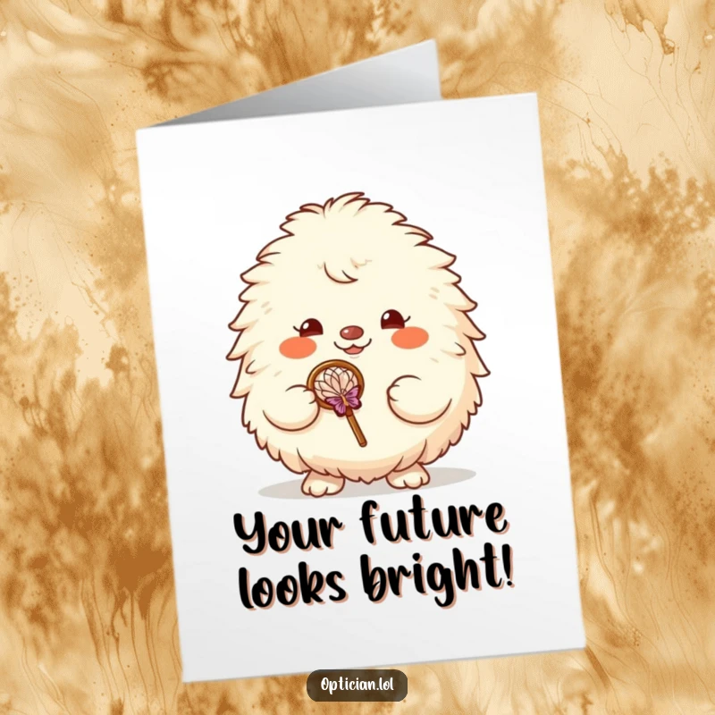 Funny Free Printable Birthday Card: Fluffy creature with a big grin, humorously wearing oversized glasses, ready to celebrate.