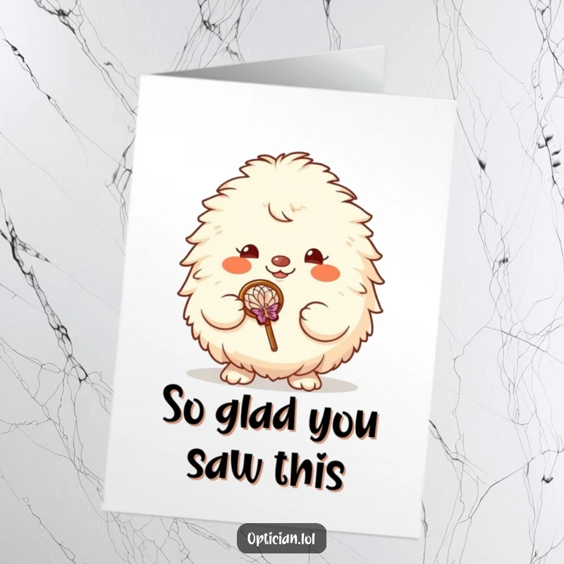 Funny Free Printable Thank You Card: Fluffy creature with a cheerful grin wearing huge glasses, offering thanks humorously.