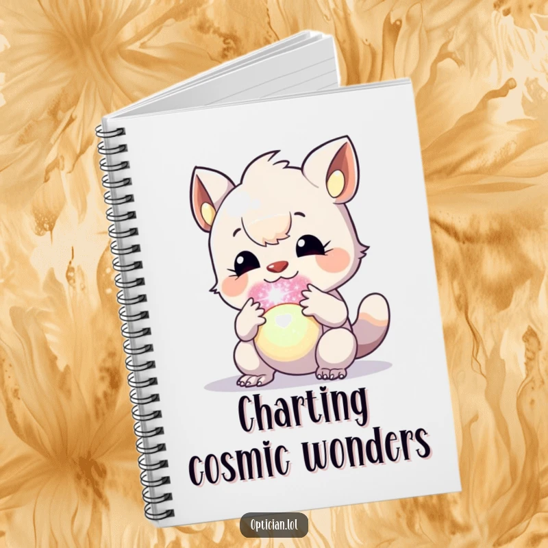 Funny notebook cover with an excited creature examining a glowing, iridescent orb, perfect for jotting down brilliant ideas.