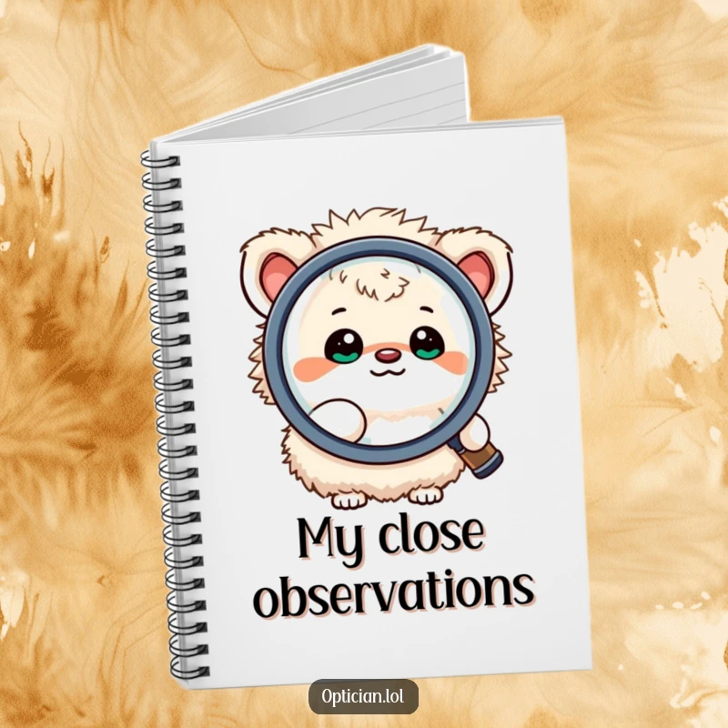 Funny notebook cover art showing a small, fluffy creature happily looking through a large magnifying lens, perfect for jotting down notes and observations.