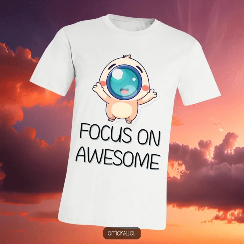Funny t-shirt of a small, zippy creature beaming while offering a radiant, glowing lens, symbolizing focus and brilliance.