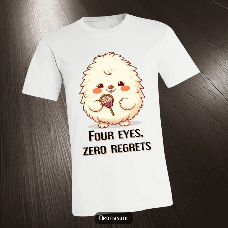 Funny t-shirt of a fluffy creature beaming with joy, holding large glasses, embodying intellectual silliness and charm.