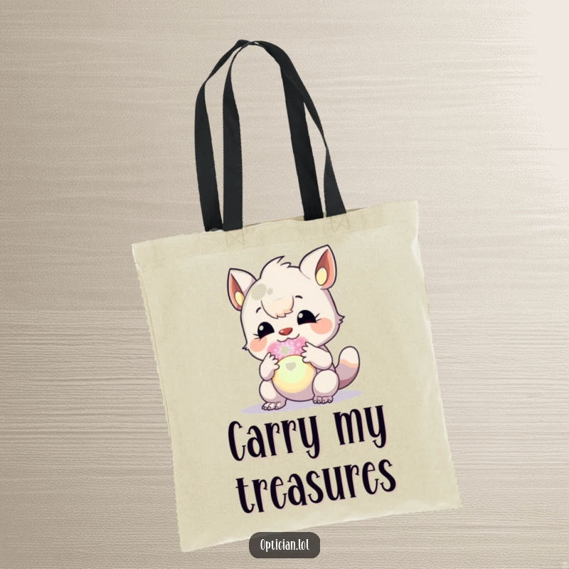 Funny tote bag showing a creature engrossed in observing a dazzling, iridescent orb, great for carrying treasures.