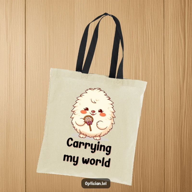 Funny tote bag depicting a fluffy creature grinning widely while clutching a pair of oversized glasses, a symbol of smart fun.