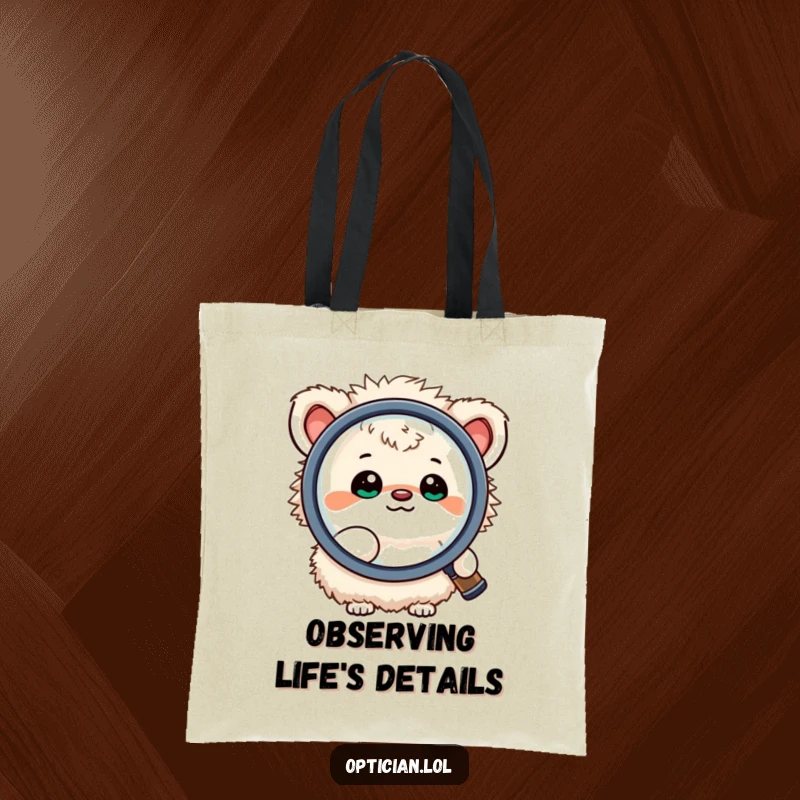 Funny tote bag with a small, fluffy creature happily looking through a large magnifying lens, ideal for carrying items with a humorous, investigative touch.